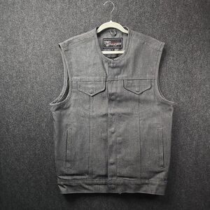 Grey Denim Collarless Club Vest with Conceal Carry Pockets Mens sz L